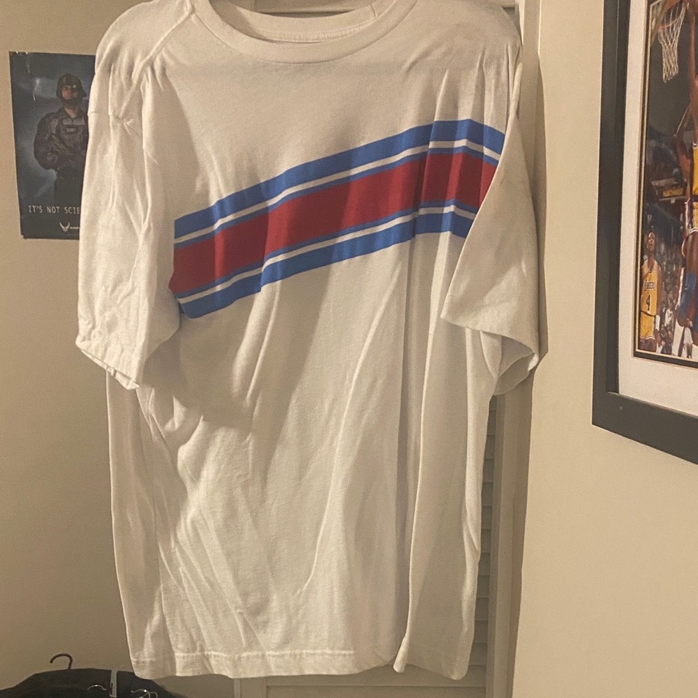 Guess White Tee with Red and Blue Diagonal Stripes